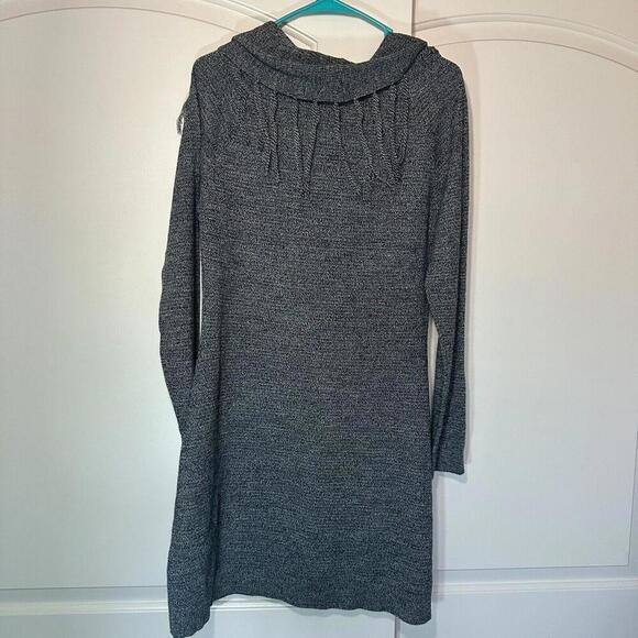 Vintage A. Byer Grey Sweater Dress Cowl Neck Fringe Mini Dress Comfy Size: Large - Picture 3 of 4